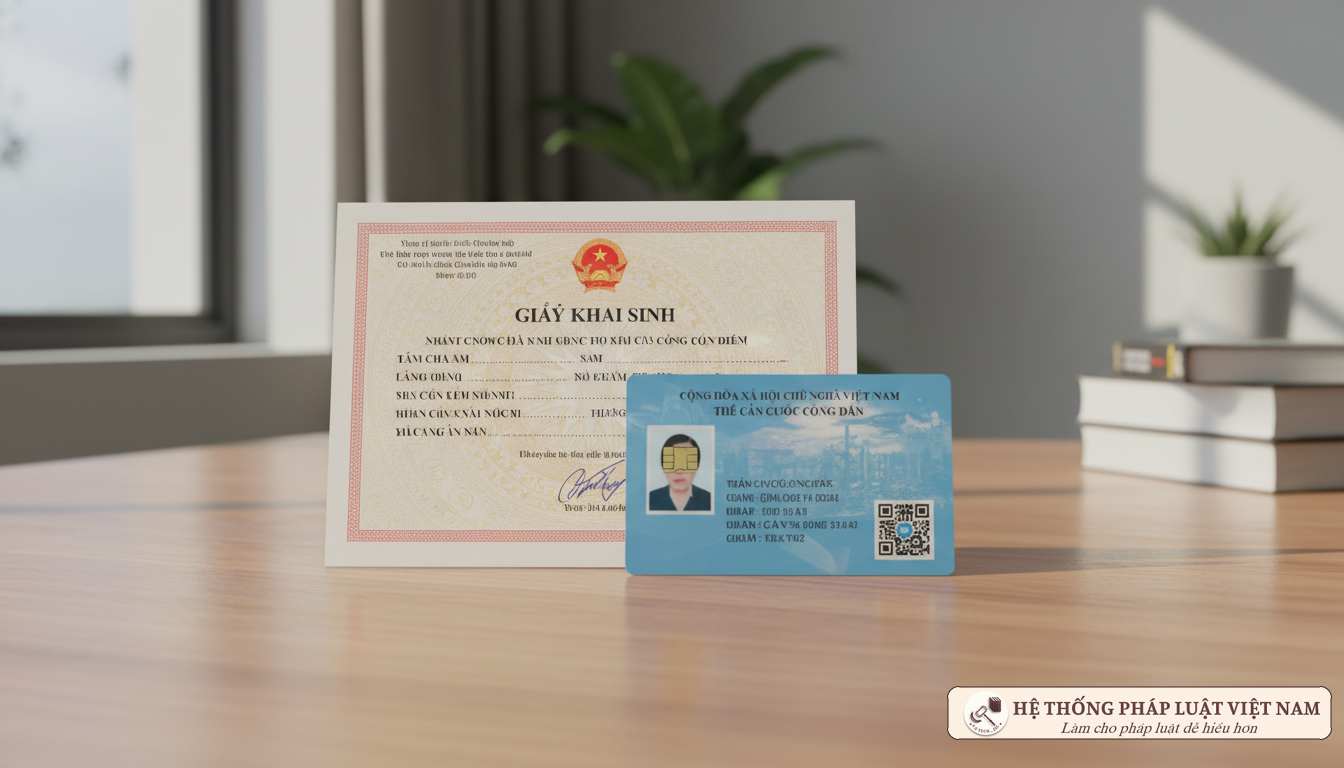 Giấy khai sinh và thẻ CCCD gắn chíp trên bàn làm việc