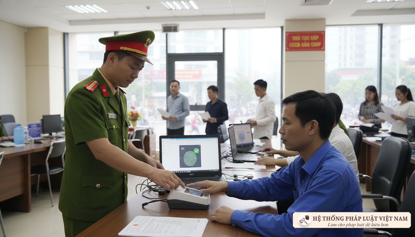 Cán bộ công an hỗ trợ người dân làm CCCD gắn chíp