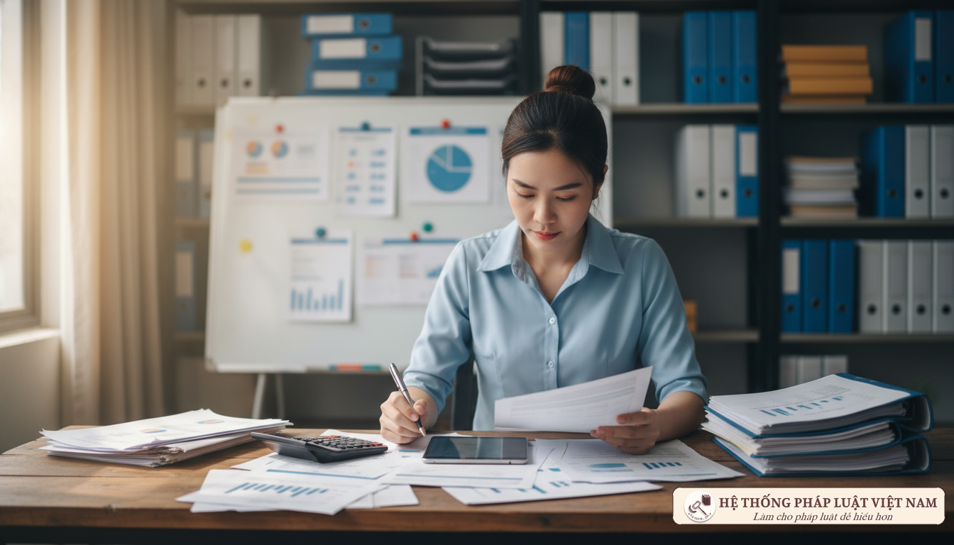 Kế toán thuế đang làm việc với hóa đơn chứng từ