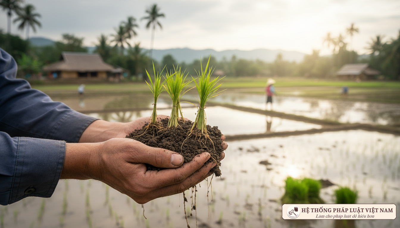 Người nông dân chăm sóc mạ non