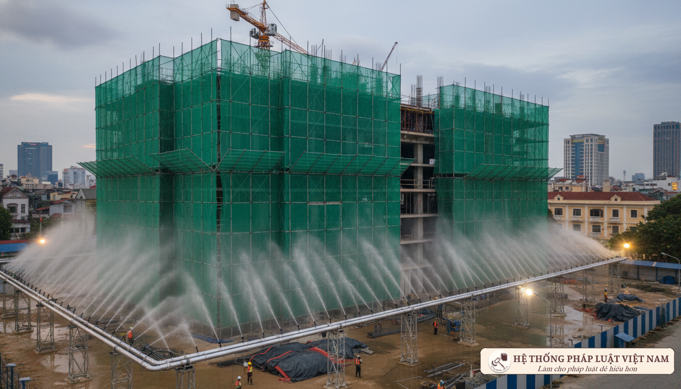 Công trường xây dựng áp dụng biện pháp phun sương dập bụi