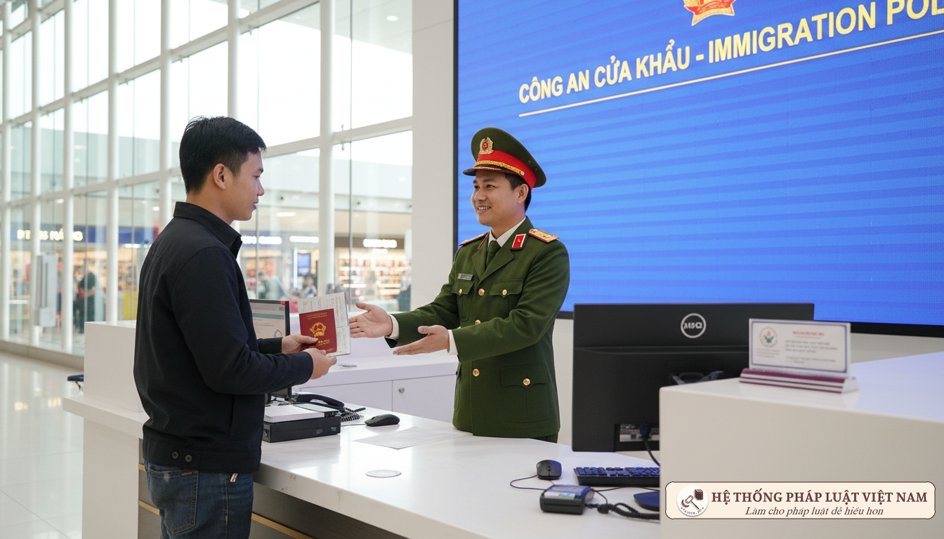 Cán bộ quản lý xuất nhập cảnh hướng dẫn người dân làm hộ chiếu