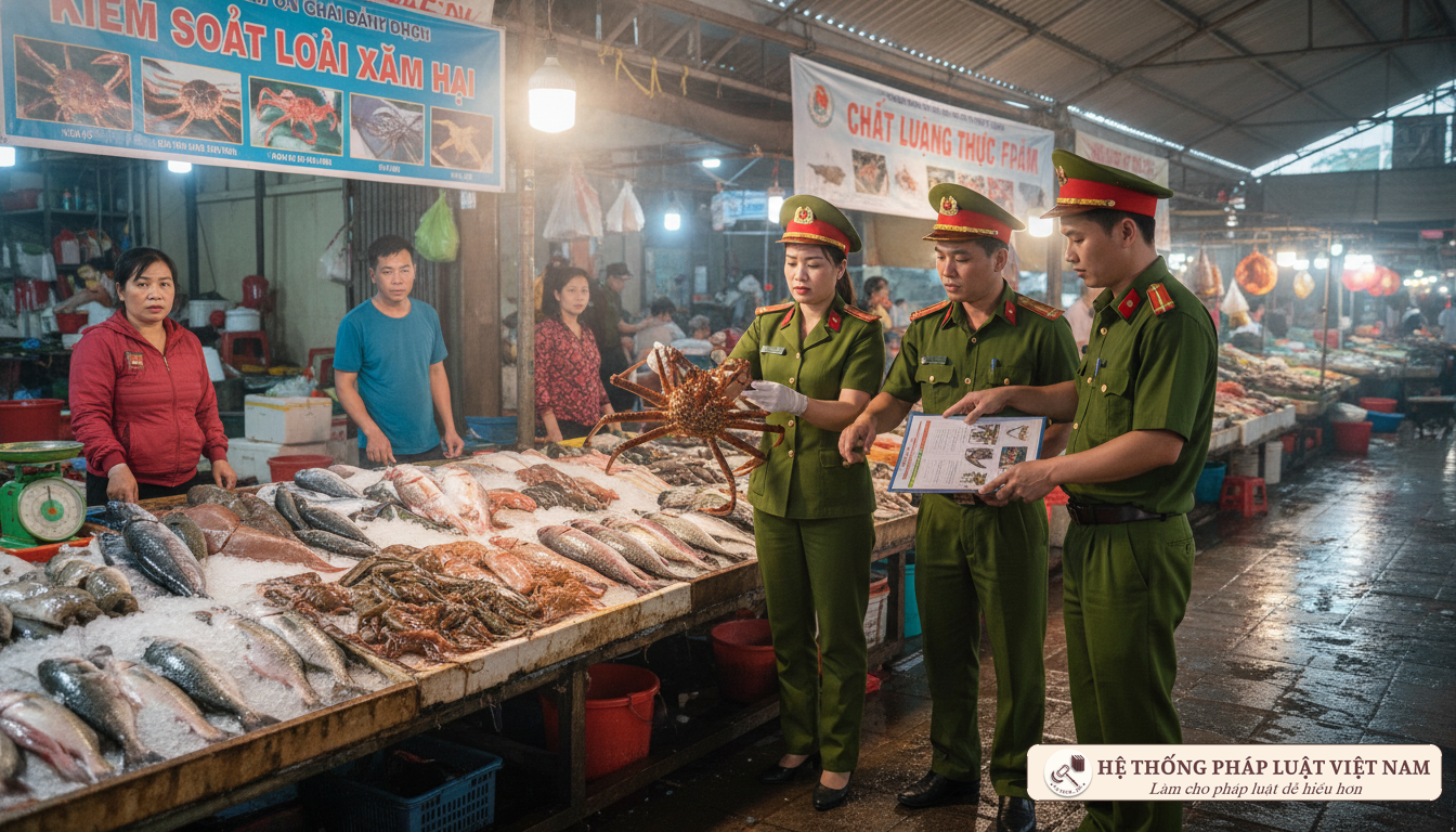 Lực lượng chức năng kiểm tra tôm hùm đất tại thị trường Việt Nam
