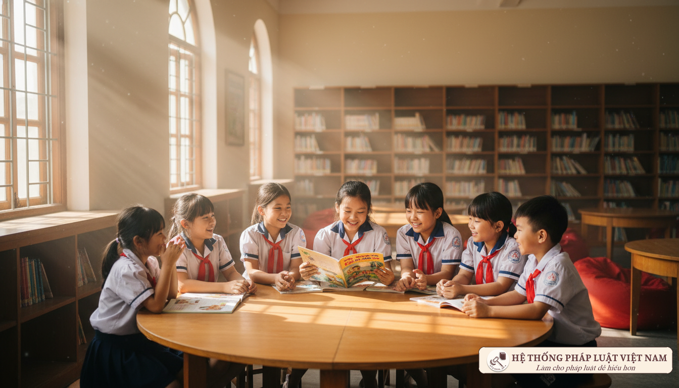 Nhóm học sinh tiểu học thảo luận trong thư viện