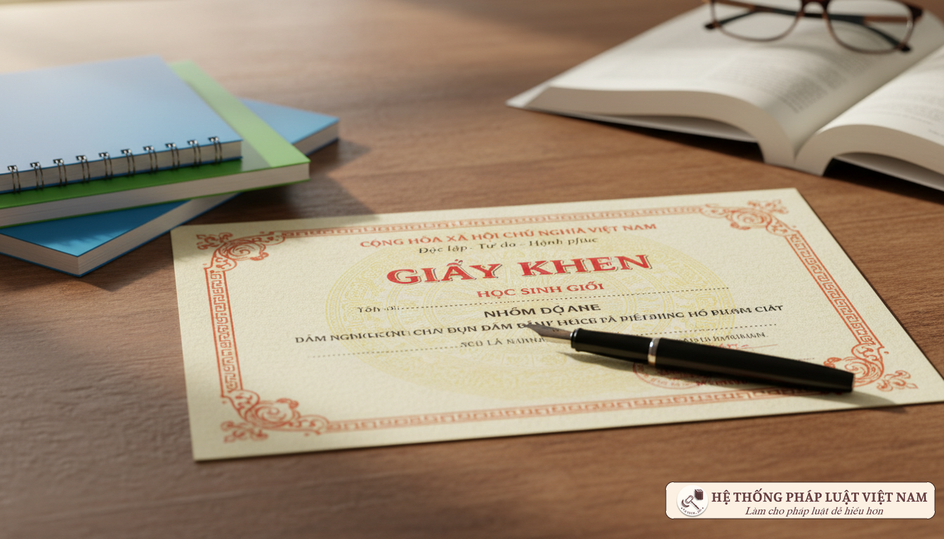 Cận cảnh giấy khen học sinh trên bàn học
