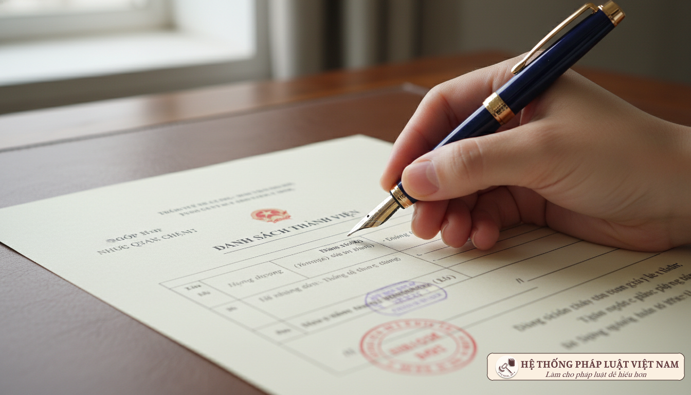 Cận cảnh bàn tay đang ký tên vào mẫu danh sách thành viên công ty hợp danh