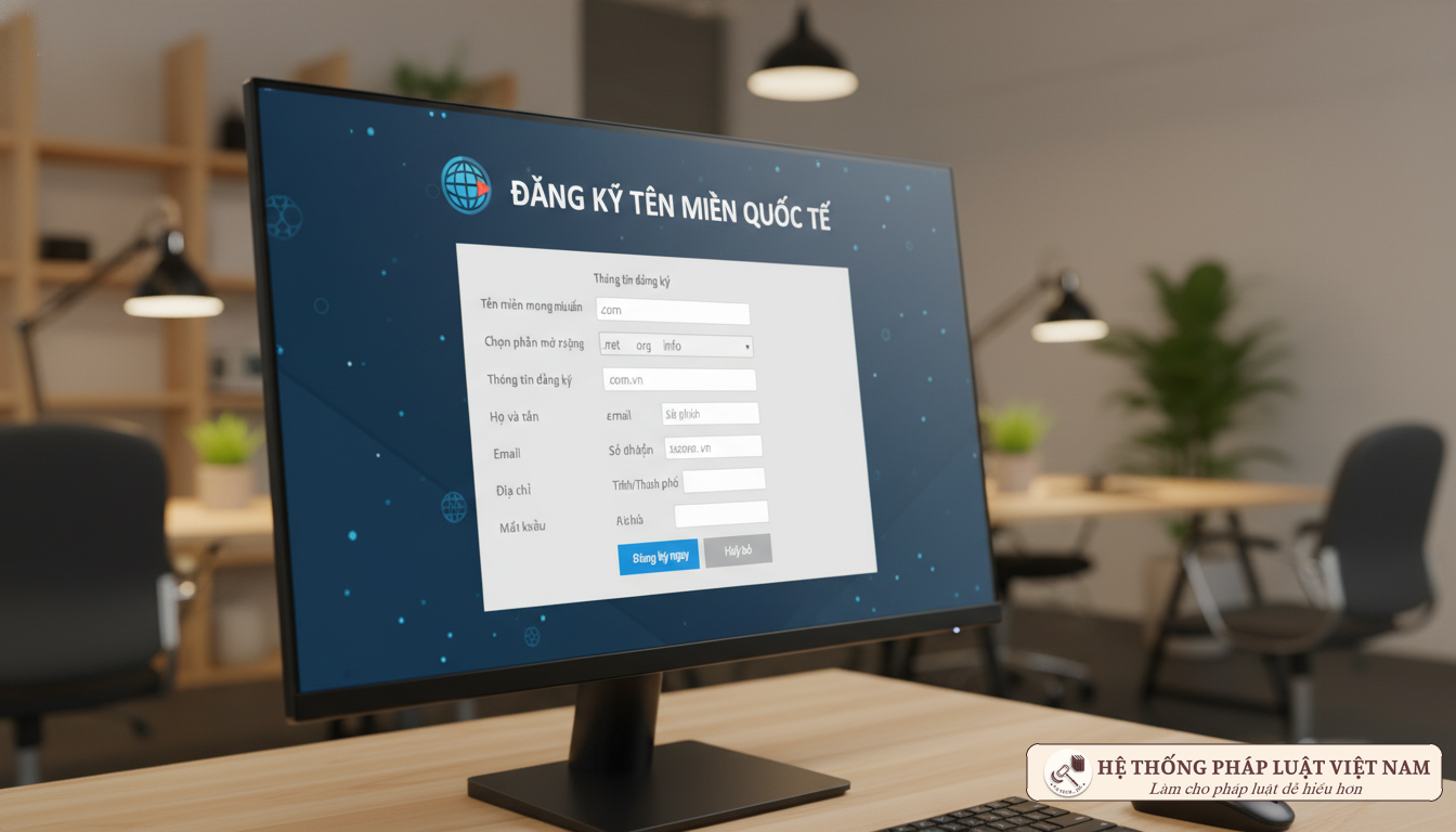 Màn hình máy tính hiển thị form đăng ký tên miền quốc tế