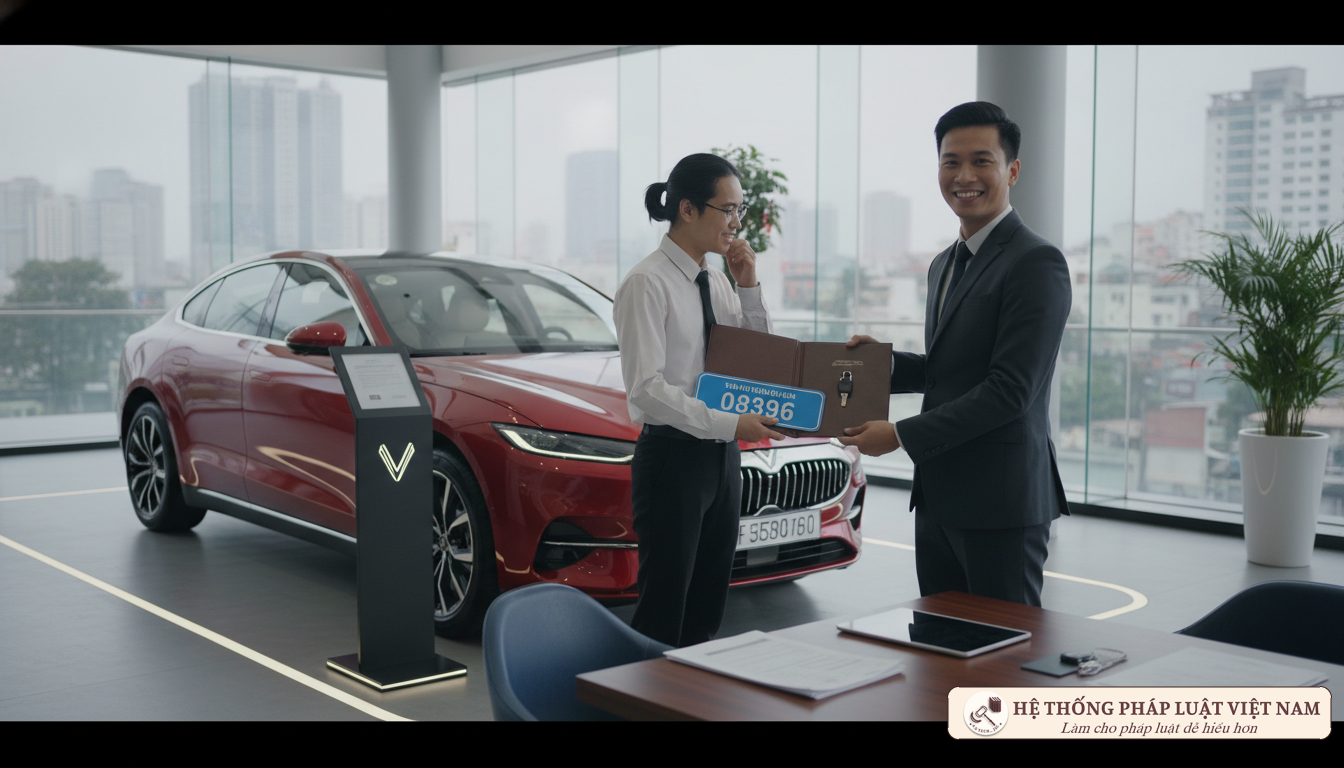Xe ô tô mới tại showroom tượng trưng cho chính sách giảm lệ phí trước bạ