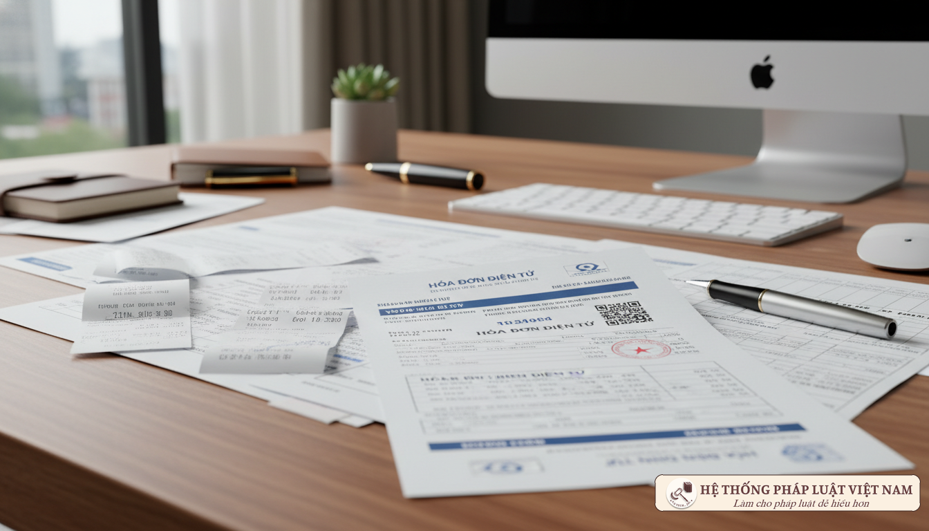 Hóa đơn điện tử và chứng từ tài chính trên bàn làm việc