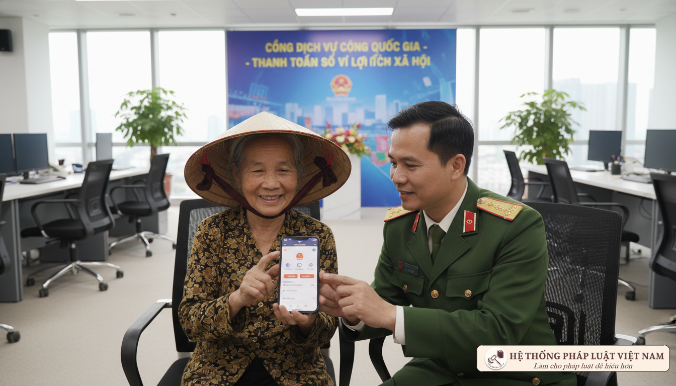 Cán bộ hướng dẫn chi trả trợ cấp qua ứng dụng số