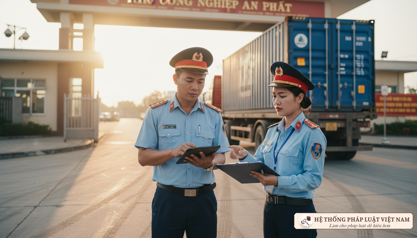 Cán bộ hải quan thực hiện quy trình kiểm tra hàng hóa tại khu chế xuất