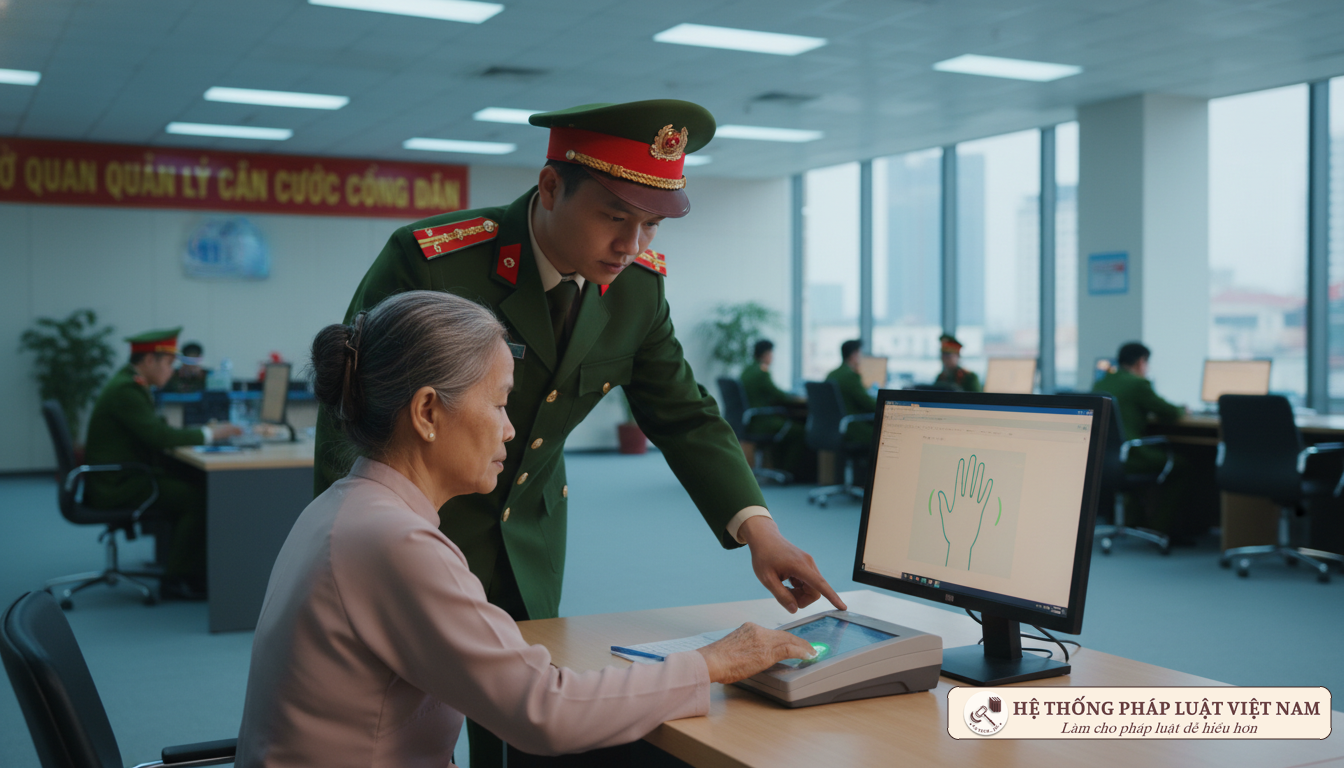 Cán bộ công an lấy dấu vân tay làm CCCD