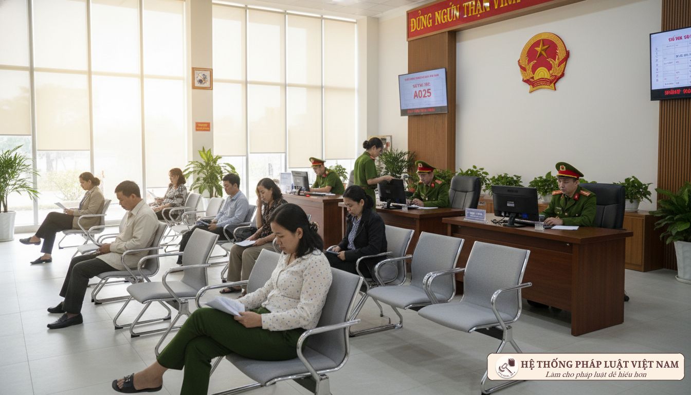 Người dân xếp hàng làm thủ tục căn cước công dân tại trụ sở công an