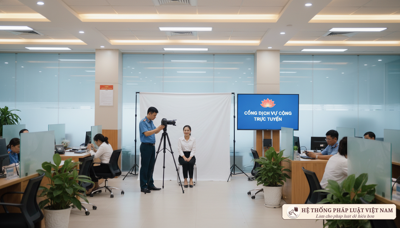Cán bộ công an hỗ trợ chụp ảnh căn cước cho người dân