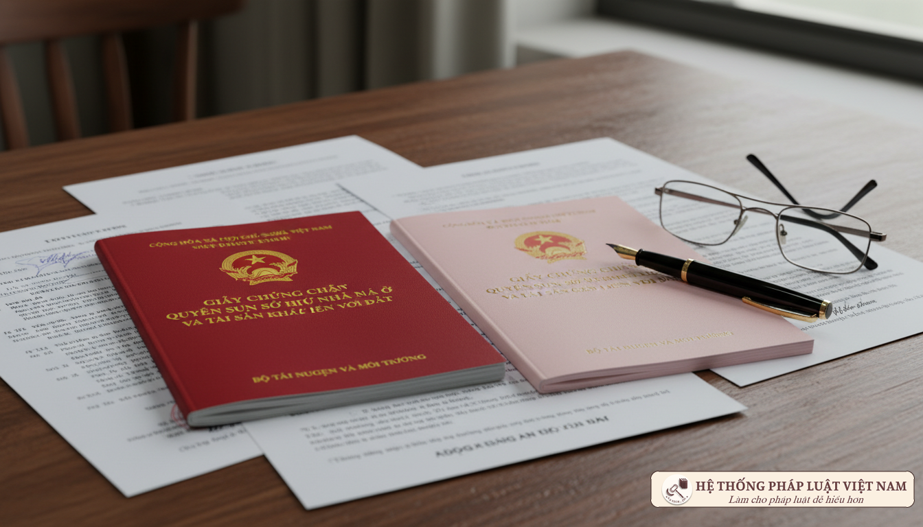 Hồ sơ giấy tờ làm Sổ đỏ trên bàn làm việc