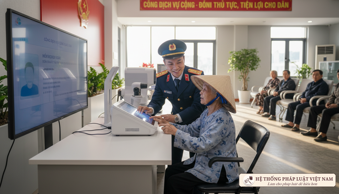 Cán bộ công an hỗ trợ người dân làm thẻ căn cước
