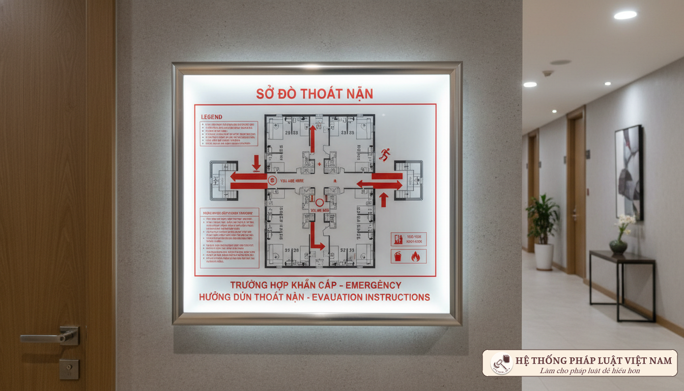 Sơ đồ chỉ dẫn thoát nạn niêm yết tại hành lang khách sạn