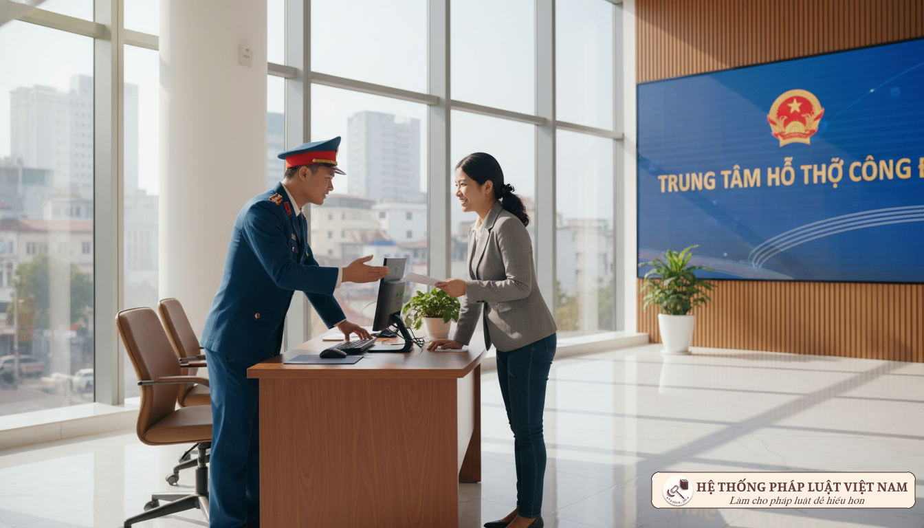 Cán bộ Công an hướng dẫn người dân làm thủ tục căn cước