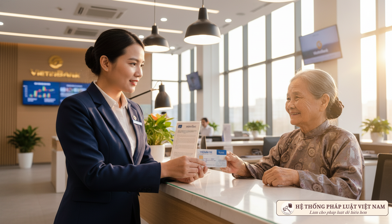 Nhân viên ngân hàng hỗ trợ người dân làm thủ tục nhận lương hưu qua thẻ