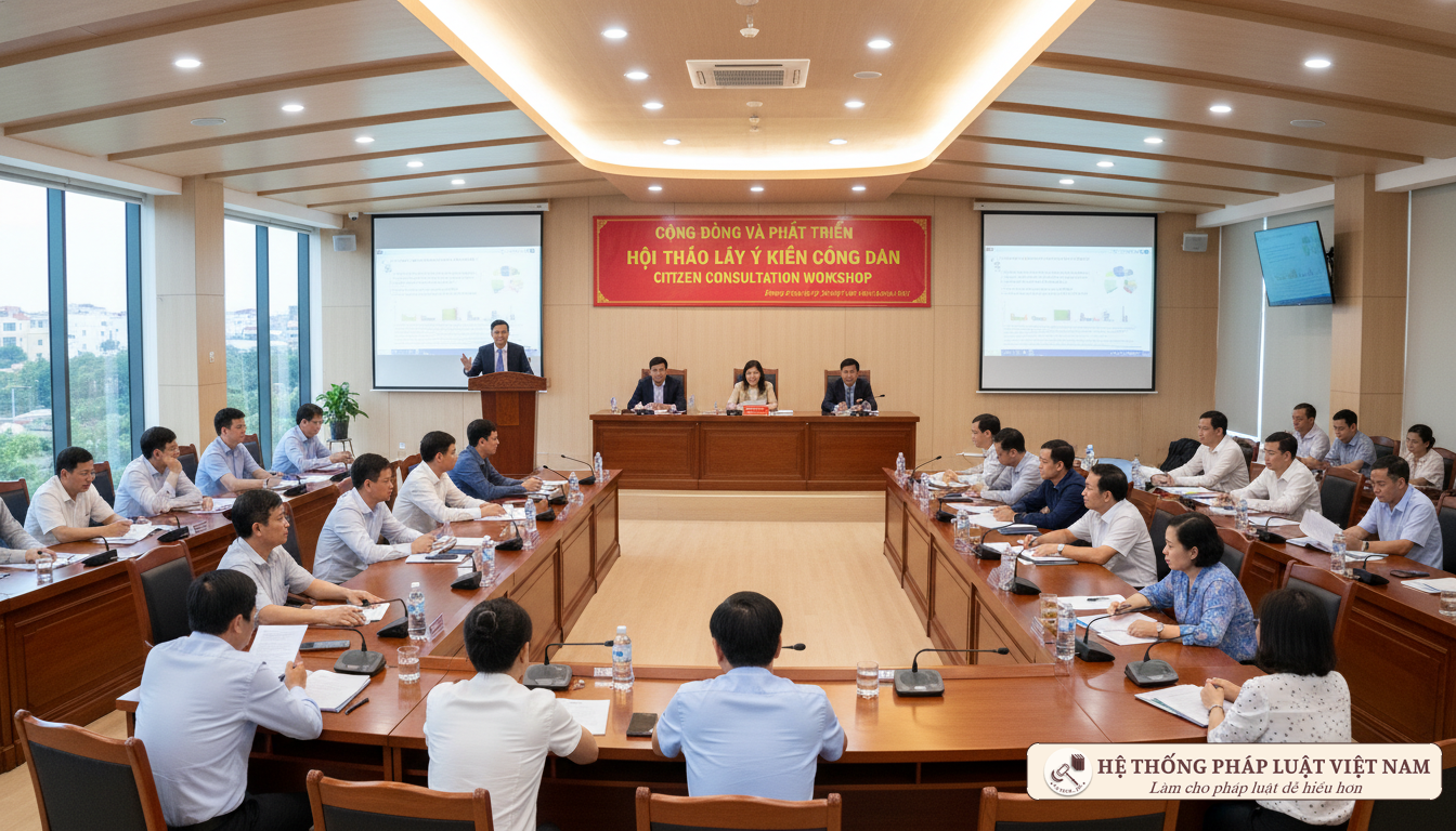 Người dân và cán bộ thảo luận về chính sách pháp luật mới tại địa phương