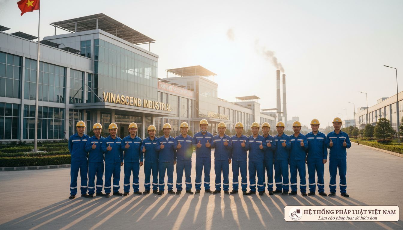 Nhóm công nhân nhà máy vui vẻ đại diện cho lực lượng lao động khu vực tư nhân