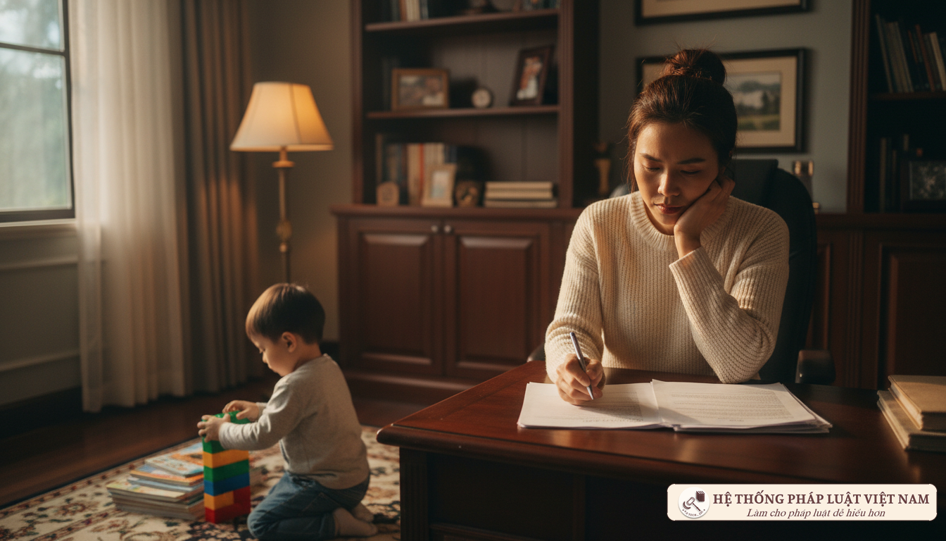 Người mẹ đang nghiên cứu hồ sơ pháp lý