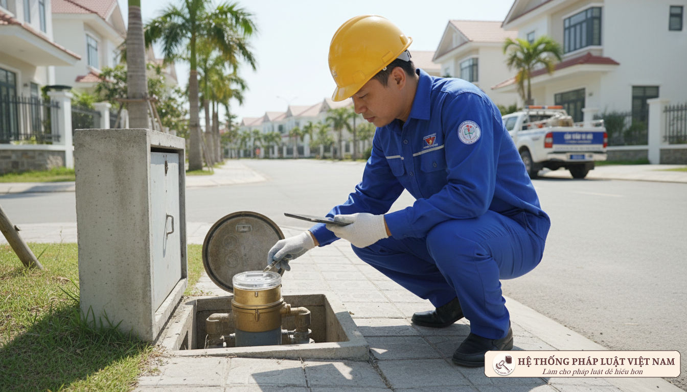 Nhân viên ngành nước kiểm tra đồng hồ