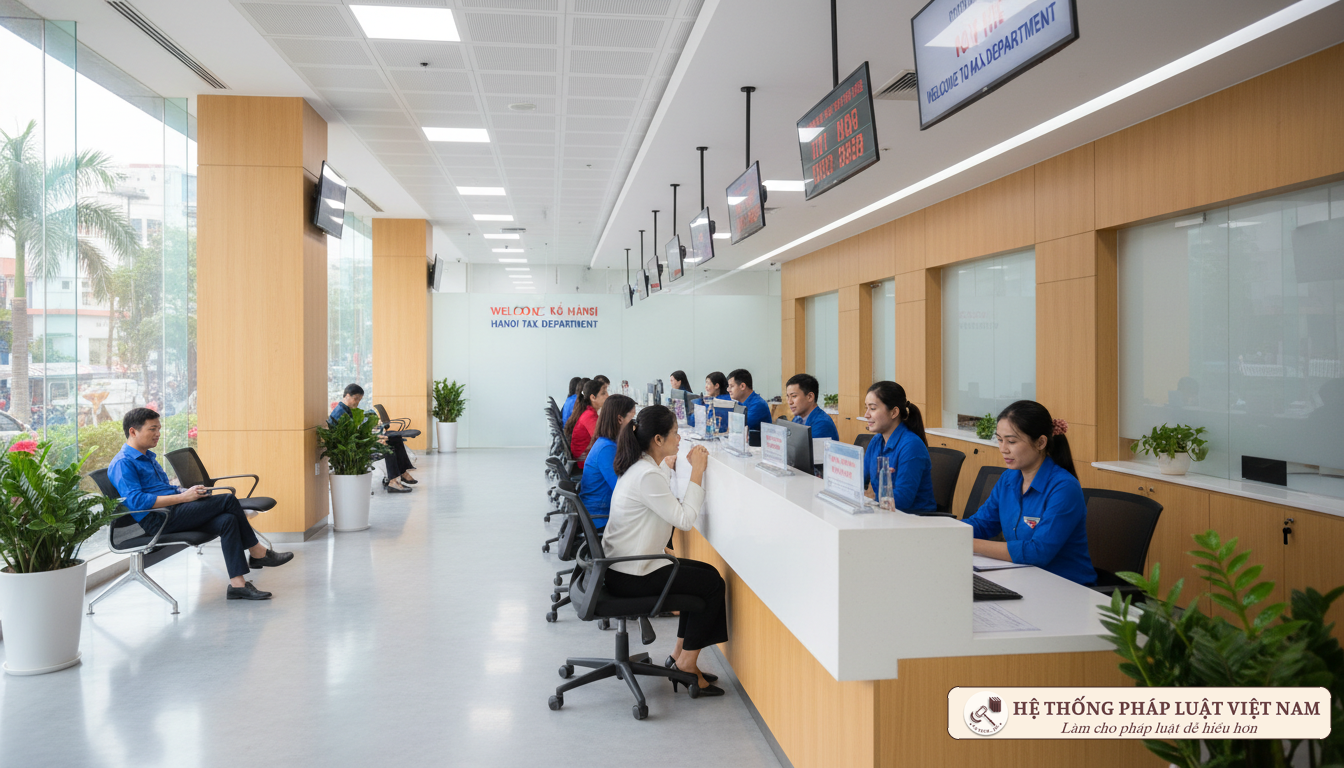 Cán bộ thuế hướng dẫn người dân đăng ký thuế