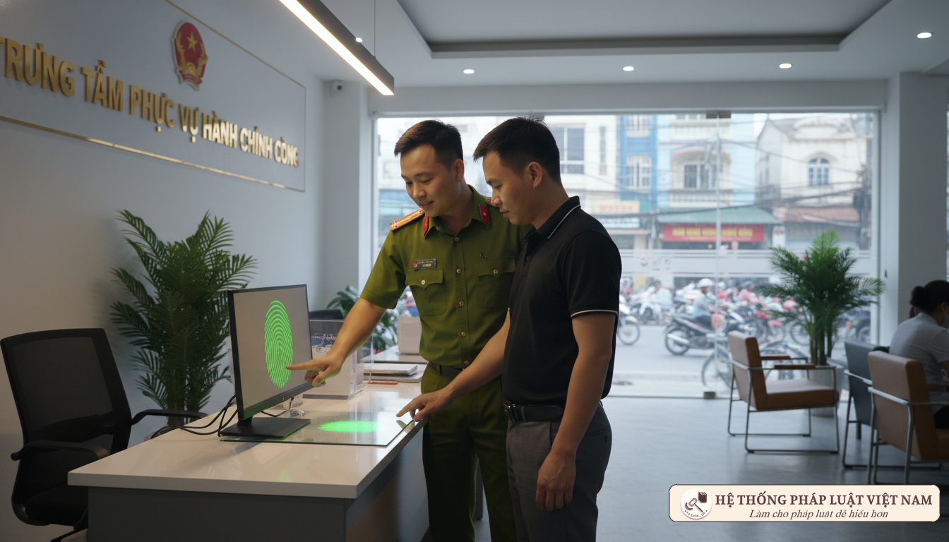 Cán bộ công an hướng dẫn công dân làm thủ tục vân tay