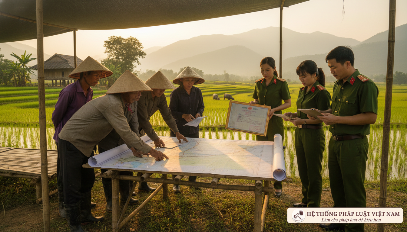 Cán bộ và người dân thảo luận về phương án bồi thường đất