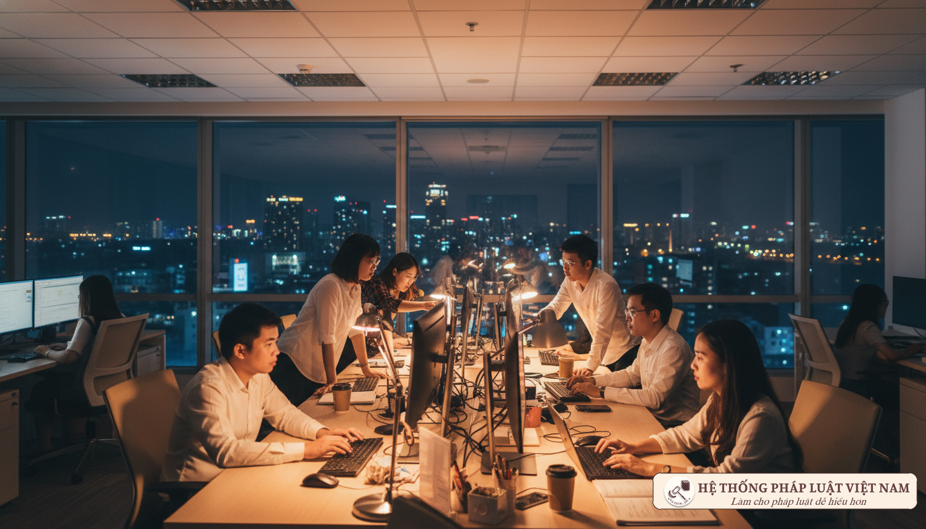 Nhân viên làm thêm giờ tại văn phòng năm 2019