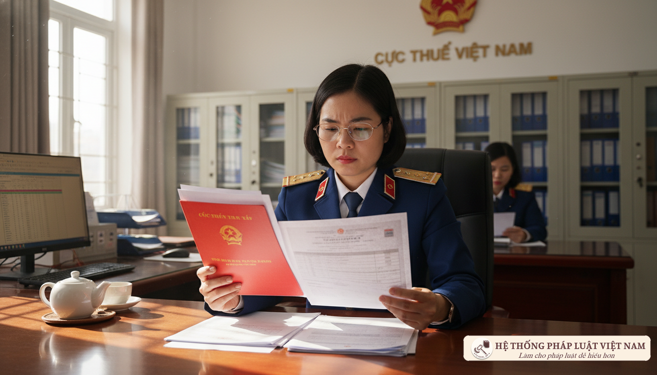 Cán bộ thuế kiểm tra hồ sơ đất đai