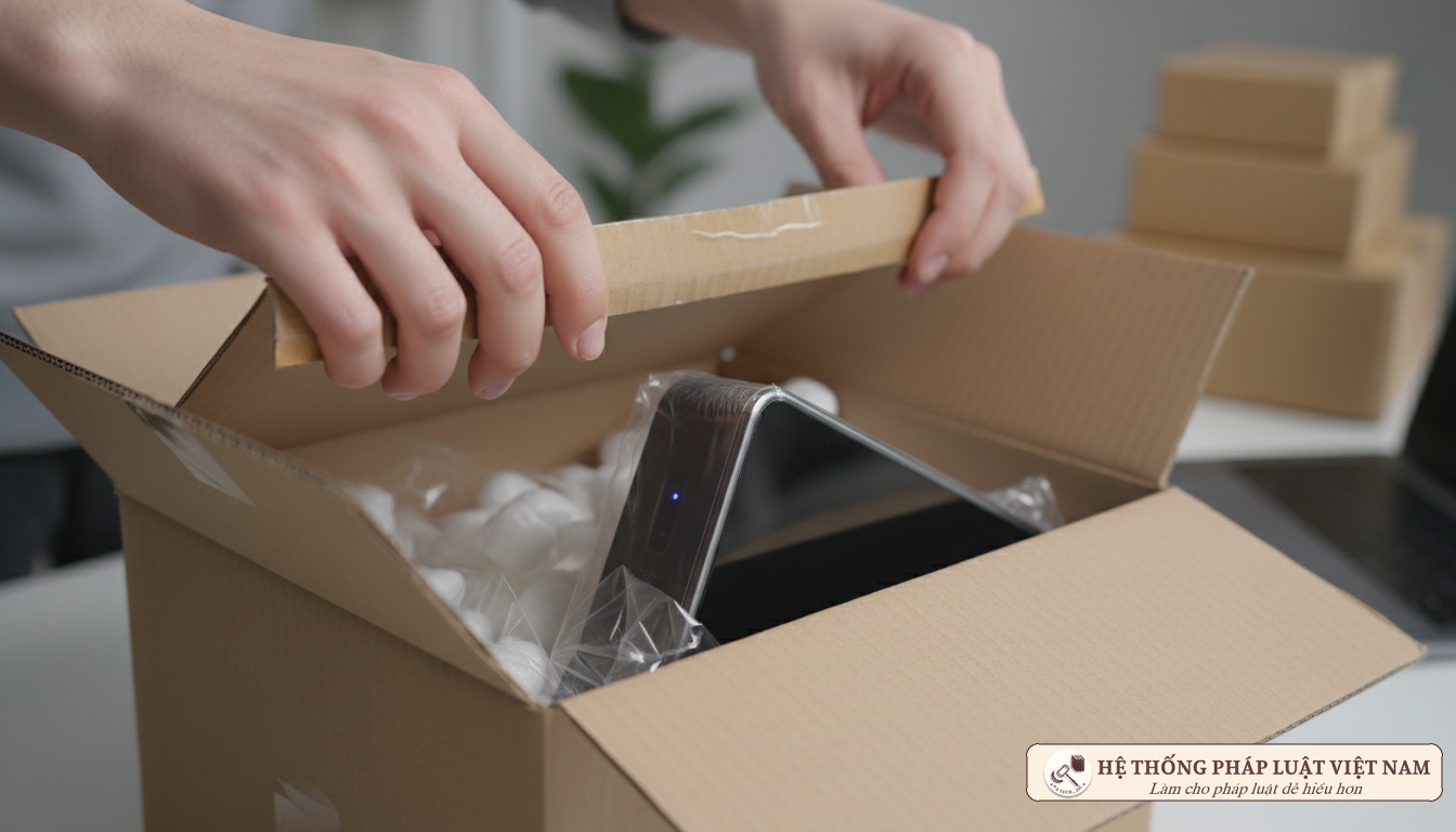 Người mua kiểm tra hàng hóa bên trong hộp