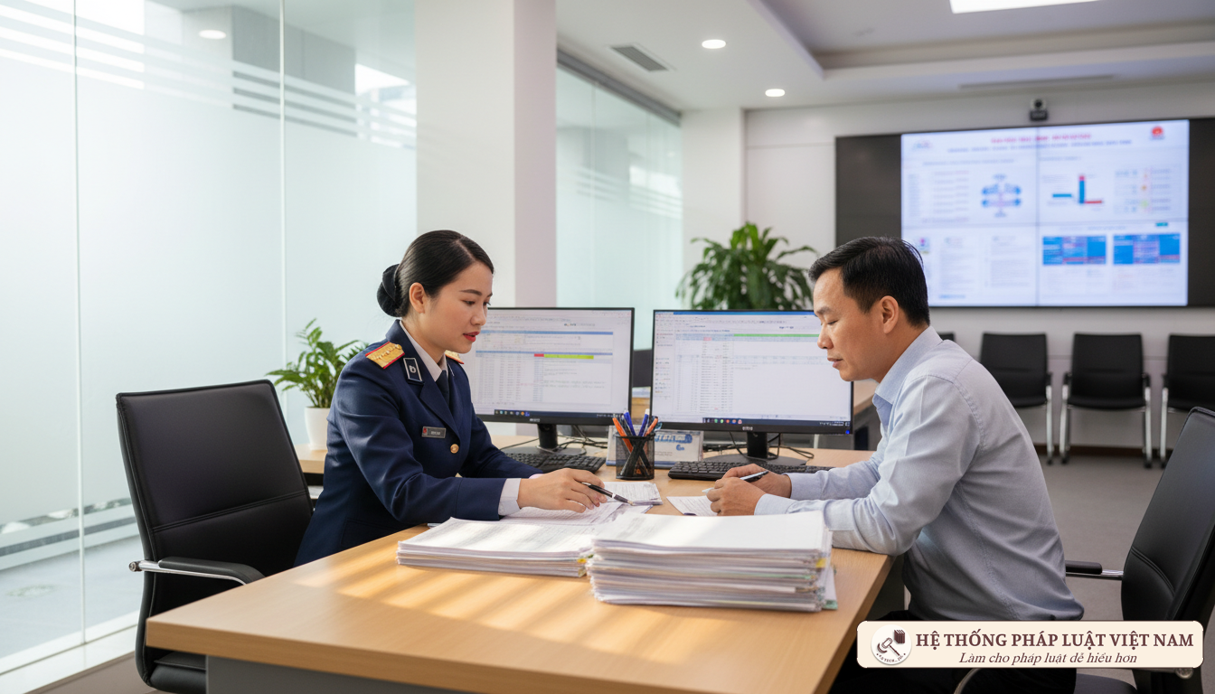 Cán bộ thuế hướng dẫn người dân làm thủ tục