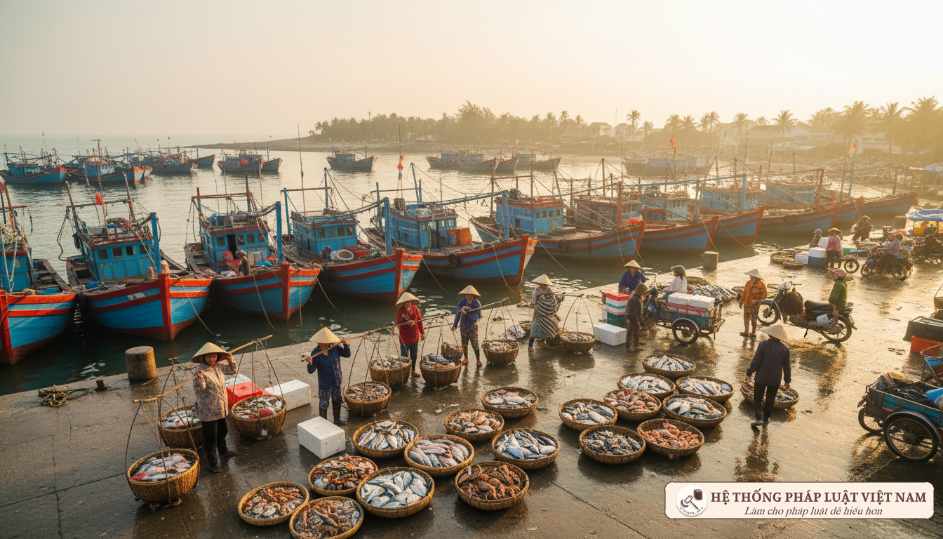 Ngư dân chuẩn bị nguyên liệu thủy sản tại cảng cá