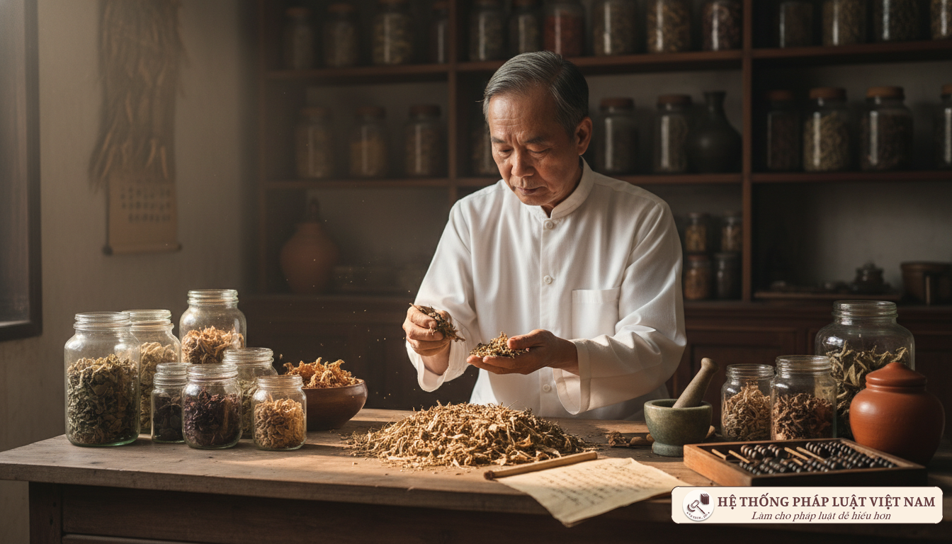 Lương y đang kiểm tra dược liệu Lương y bốc thuốc gia truyền