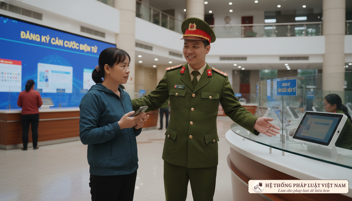 Cán bộ công an hướng dẫn người dân đăng ký định danh điện tử