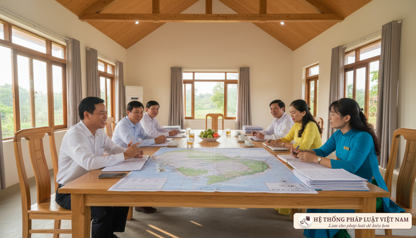 Cán bộ xã họp bàn công việc với người dân