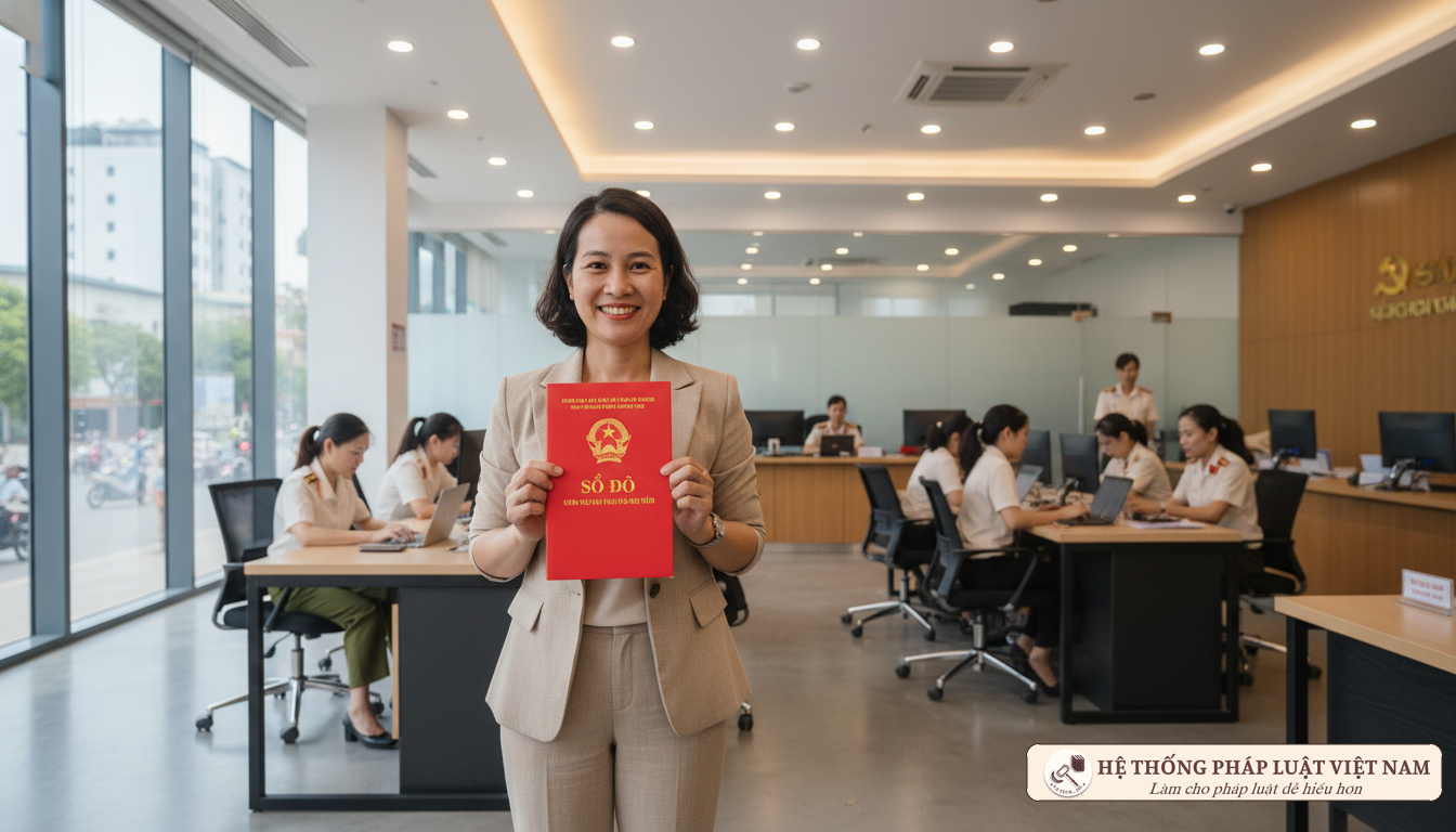 Người dân cầm sổ đỏ tại cơ quan nhà nước