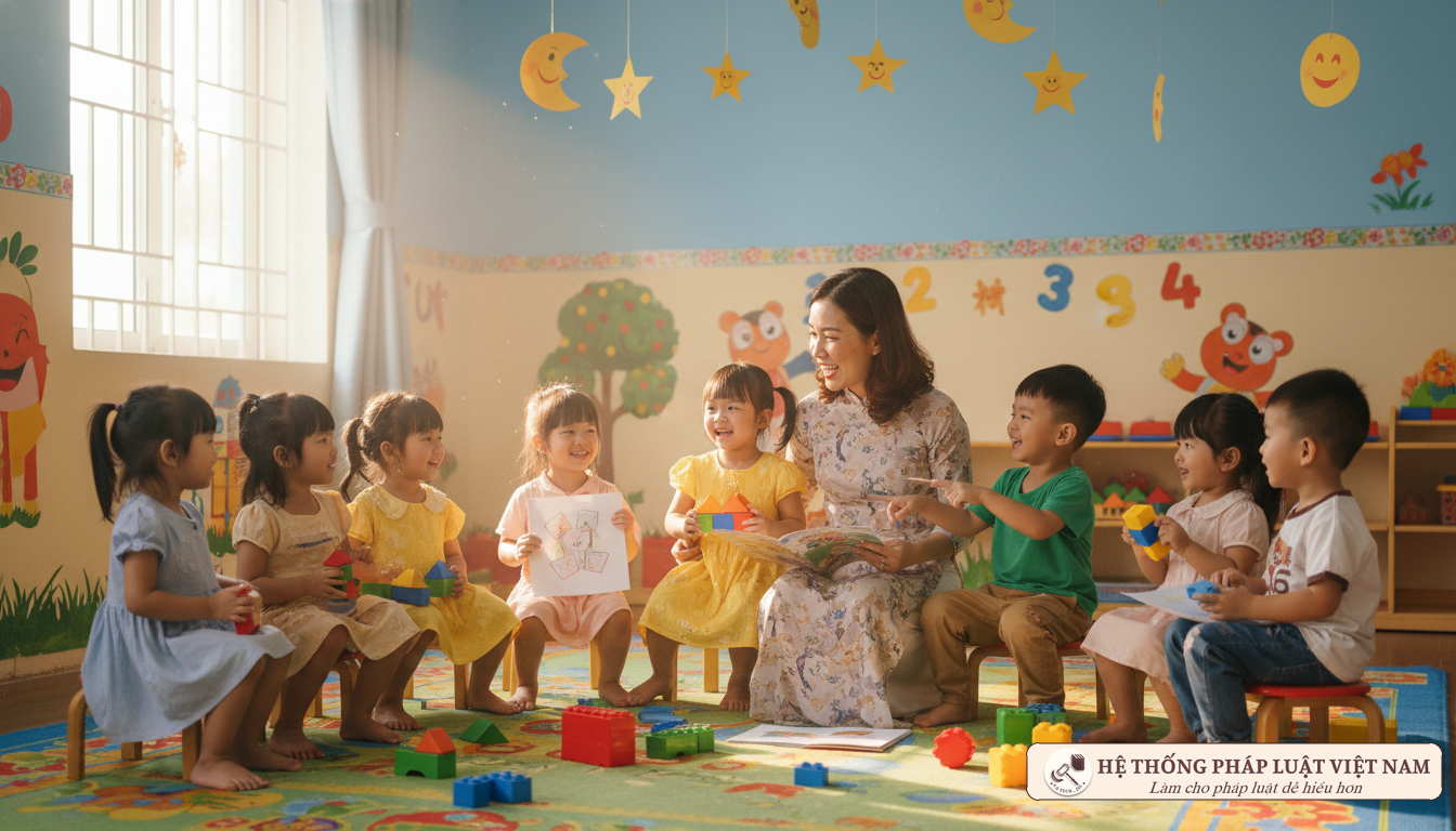 Giáo viên mầm non và trẻ em trong lớp học