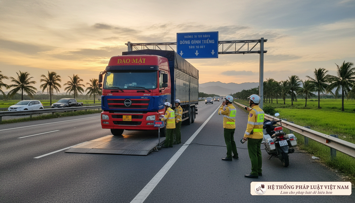 Cảnh sát giao thông Việt Nam kiểm tra tải trọng xe tải năm 2020
