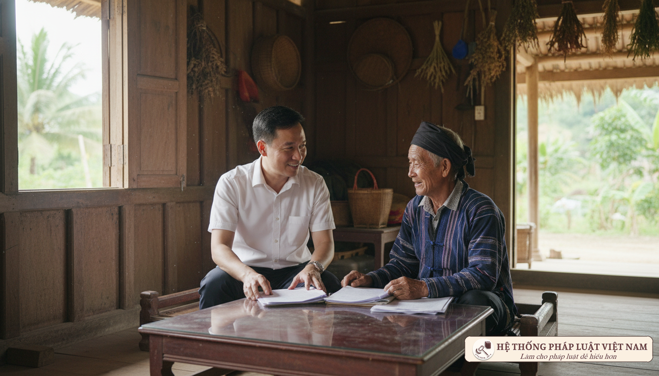 Cán bộ địa phương làm việc với người dân tộc thiểu số