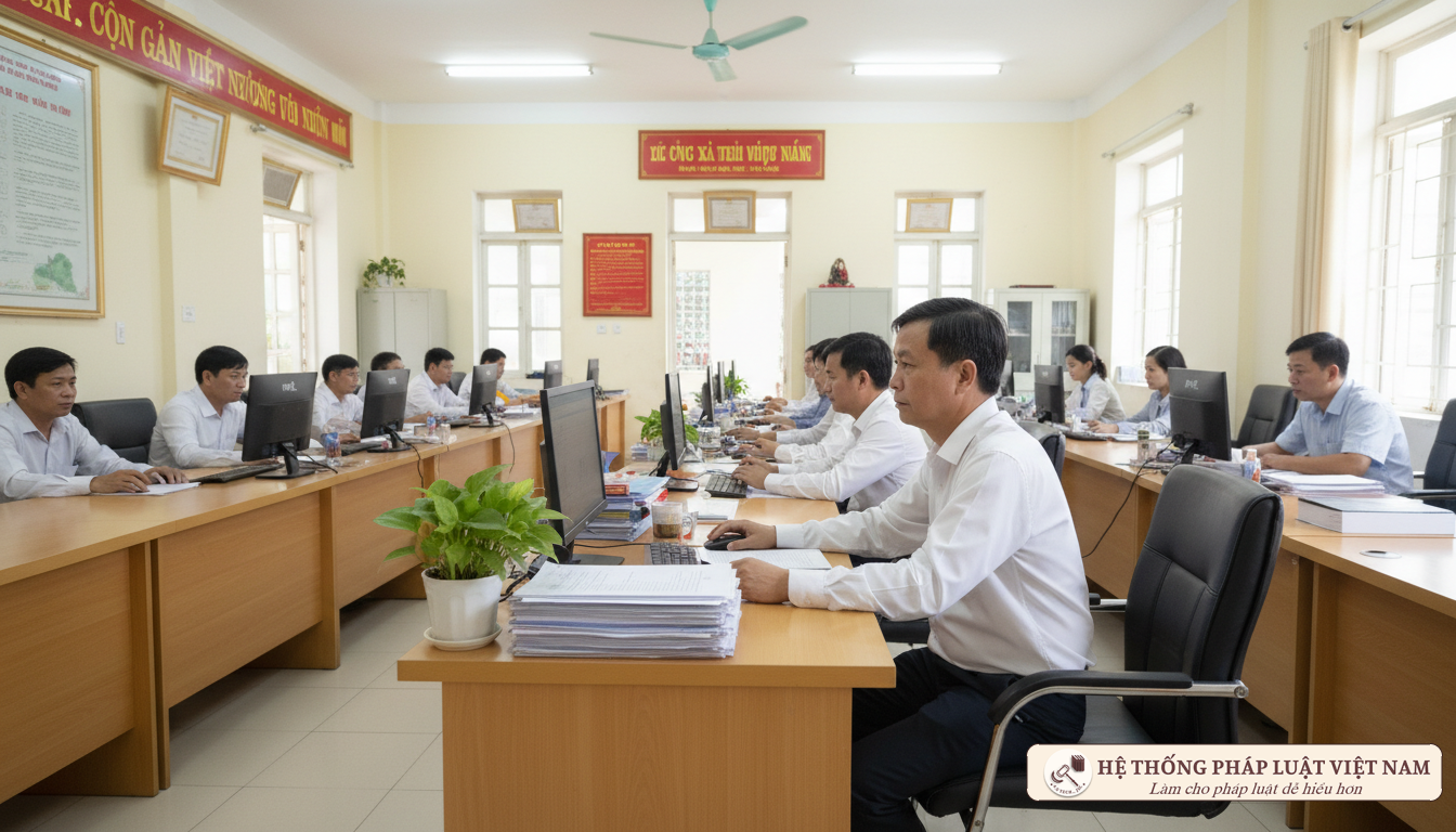 Cán bộ xã làm việc tại trụ sở