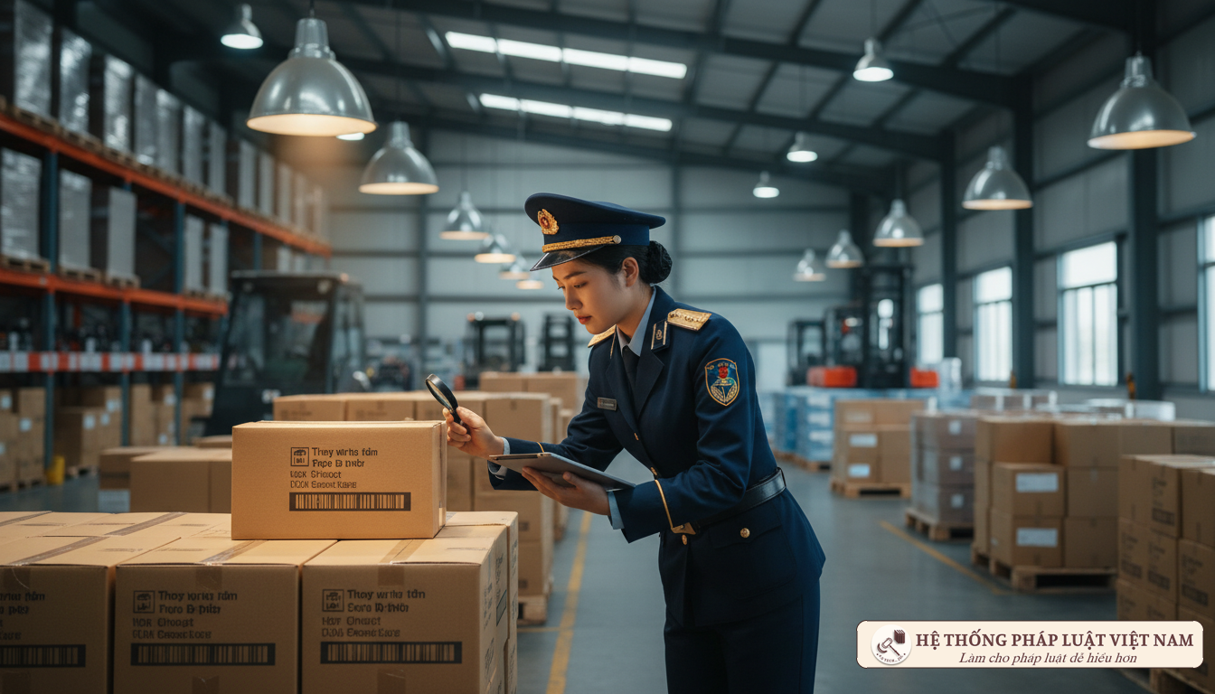 Cán bộ hải quan kiểm tra nhãn hàng hóa nhập khẩu