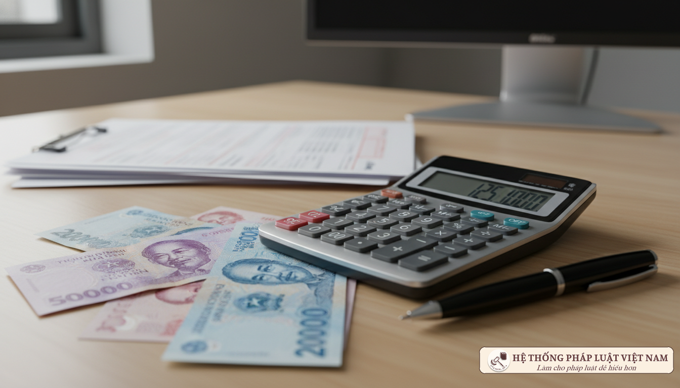 Máy tính và tiền Việt Nam trên bàn làm việc