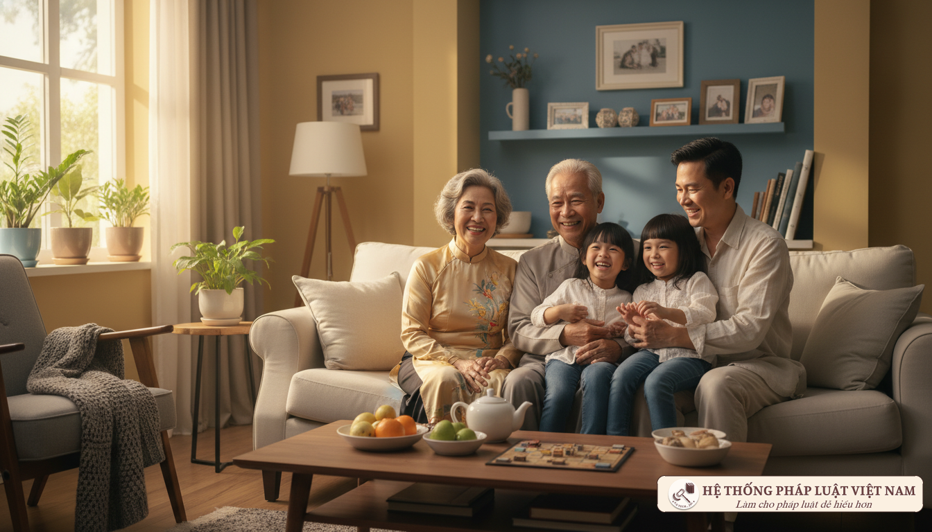 Gia đình Việt Nam nhiều thế hệ hạnh phúc đại diện cho người phụ thuộc