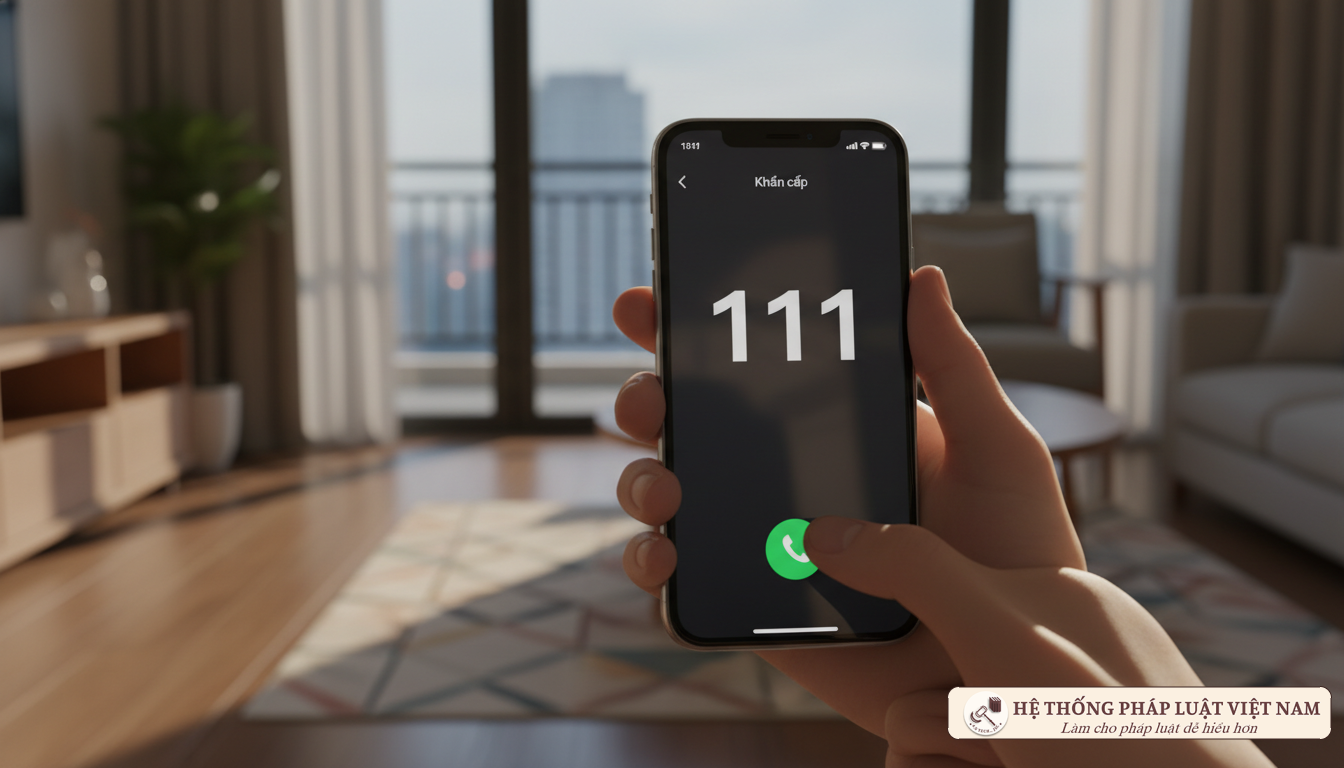 Cận cảnh bàn tay cầm điện thoại gọi số hotline khẩn cấp 111 hoặc 113