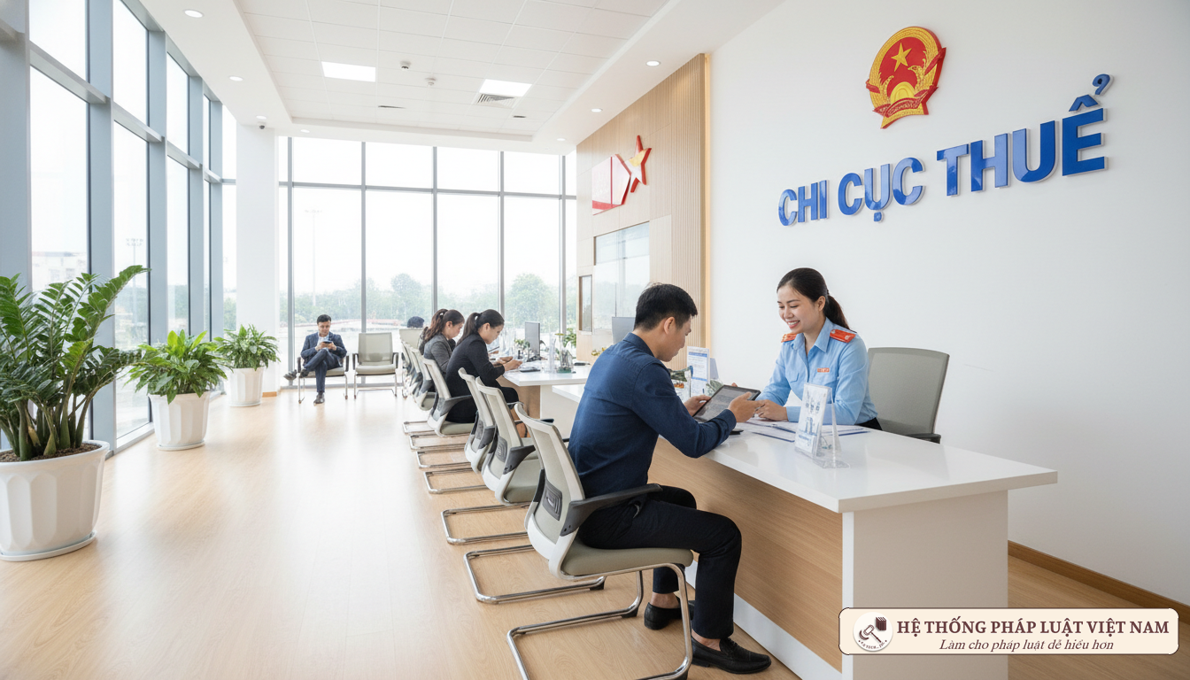 Cán bộ thuế hướng dẫn người dân làm thủ tục
