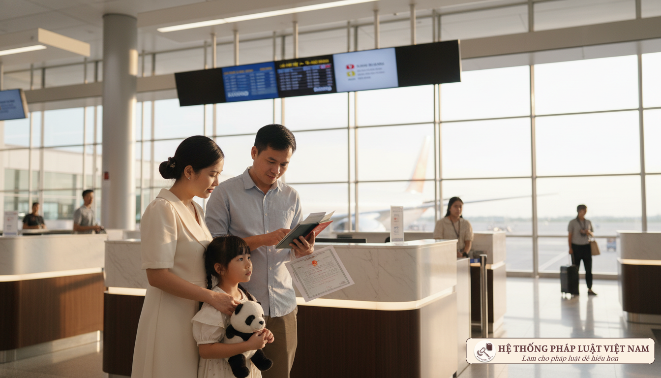 Gia đình chuẩn bị giấy tờ cho trẻ nhỏ tại sân bay
