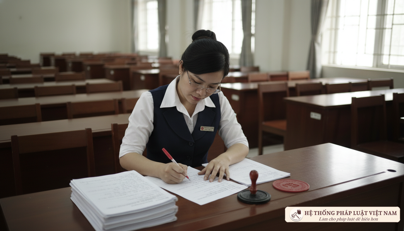 Cán bộ coi thi kiểm tra hồ sơ phòng thi